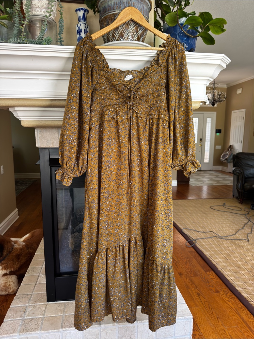&Merci Warm Olive Brown Floral Smocked Prairie Cottage Sweetheart Maxi Dress S